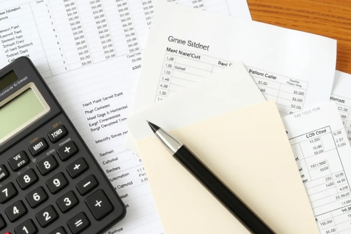 Business owner reviewing invoices on a laptop at a wooden desk