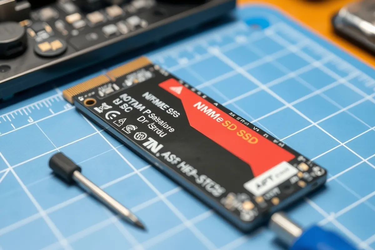 An open laptop with an SSD being installed on a desk