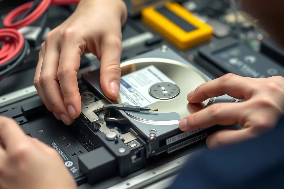 Old laptop booting quickly on a clean desk